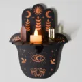 Bohemian wooden hamsa hand wall shelf with crystal pillar and candle holder for home decor. - MZ229