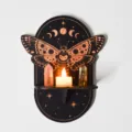 Gothic moth crystal wall shelf detailed view, wooden moon phase floating shelf for home room decor. - MZ232