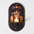 Wooden wall shelf detail featuring bohemian moon and snake carvings with crystal and candle decor. - MZ233