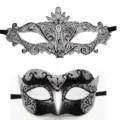 Juego de máscaras de carnaval para parejas con máscara de encaje plateado y brillante para fiestas - Conjunto Plateado Lirio Jazz