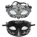 Set μaskών αποκριάτικου πάρτι Halloween, μαύρες μεταλλικές μάσκες μισού προσώπου με γκλίτερ. - Ομορφιά με έξι πέταλα - σετ από σφυρήλατο σίδερο σε μαύρο και ασημί