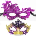 Máscara de encaje de media cara para fiesta de disfraces y set de máscaras con brillo. - Fénix de corona - conjunto púrpura y dorado