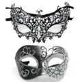 Máscara de metal con diamantes y máscara de media cara pintada negro plata fiesta - Parte superior plana cielo estrellado - Conjunto de metal negro y plata