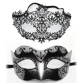 Conjunto de máscaras para carnaval, metal negro diamantes filigrana y purpurina antifaz. - Set Jazz Seis Pétalos / Negro Plata