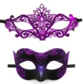 Conjunto de máscaras de carnaval de encaje y purpurina, variantes moradas para fiesta. - Conjunto Morado Lirio Jazz
