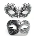 Juego de máscaras de fiesta, máscara de mariposa de metal negro y máscara plateada con purpurina. - Cabeza de fuego plana - Set de hierro negro y plata