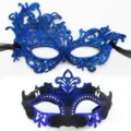 Conjunto de mascara de mascarada de encaje azul y brillo antifaz para fiesta de halloween - Conjunto de fénix de corona - Azul