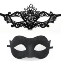 Conjunto de máscaras de encaje negro y purpurina para fiesta, máscaras de pareja de carnaval. - Conjunto Negro Lirio Jazz
