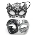 Set de máscaras de mascarada, máscara corona estrás metal negro y media cara brillo plata negro. - Corona plana - juego de hierro forjado negro y plata