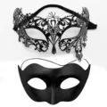Set de masques noirs, masque papillon en fer ajouré et masque des yeux lisse pour fête. - Double Cornes Sept Strass / Noir