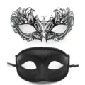 Ensemble masques de bal noirs, papillon métal strass et masque demi visage à paillettes. - Beauté de feu - ensemble en filigrane métallique noir