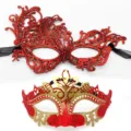 Máscara de mascarada set fiesta medio rostro encaje rojo purpurina oro carnaval ojos - Corona fénix - set oro y rojo