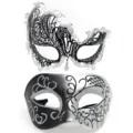Set de mascara de metal para fiesta, mascaras de media cara con estrados negro y plata. - Fénix de parte superior plana - set de purpurina negro y plata