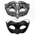 Ensemble de masque de bal noir avec beau masque papillon en métal strass et masque en tissu. - Double Cornes Tête Plate / Noir