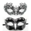 Set de masques de bal masqué, strass en métal noir ajouré et finitions argentées à paillettes. - Set Flamme Jazz / Noir Argent