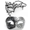 Mascarada Mascara de Media Cara Strass Metal Negro Plata Fiesta Disfraces Ocular - Parte superior plana un ojo - conjunto de hierro negro y plata