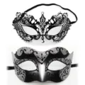 Ensemble de masques de couple en métal noir avec strass et paillettes argent demi-visage. - Set Coin Pointu Jazz / Noir Argent
