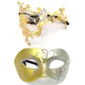 Máscara de mascarada diamantes imitación oro metal mitad cara fiesta Halloween disfraz - Máscara de un ojo de parte superior plana - Set de hierro forjado dorado