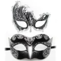Mascarade strass metal demi-visage masque couple ensemble carnaval fete masques noirs - Set Poudre Libre Phénix Jazz / Noir Argent