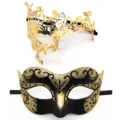 Ensemble de masques de bal masqué avec strass filigrane dorés et demi-visage pailleté noir. - Ensemble Yeux Simples Jazz / Noir & Or