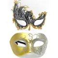 Set de máscaras de carnaval, máscara de metal negro y máscaras con purpurina dorada plateada. - Máscara fénix de parte superior plana - Set dorado con purpurina