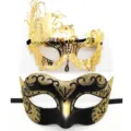 Ensemble de Masques de Bal Masqué Doré en Métal avec Strass et Masque Noir Pailleté - Set Phénix Jazz / Noir & Or