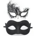 Ensemble de masques de couple de bal masqué, masque pour les yeux en métal creux et strass. - Set Phénix Jazz / Noir Argenté