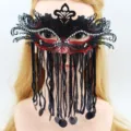 Black red metal masquerade mask with rhinestones and tassel fringe for party and Halloween events. - Black Red