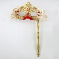 Maschera di carnevale rosso oro con manico arte in ferro variante per festa a tema. - Coda di fenice portatile - oro e rosso