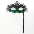 Maschera di carnevale nera e verde con manico, elegante maschera occhi con strass - Coda di fenice portatile - Nero e verde