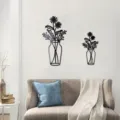 3D acrylic mirror flower pot wall sticker, black floral art decor for living room wall. - 2mm Thick - S / Black