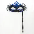 Maschera da ballo in filigrana di metallo blu e nero con manico e strass per festa - Coda di fenice a mano - Nero e blu