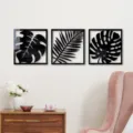 Autocollants muraux miroir acrylique feuille tropicale 3D cadre noir art mural - 2 mm d'épaisseur - S / Noir