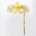 Maschera di carnevale dorata con bastone, maschera di festa mezza faccia in metallo. - Coda di fenice manuale bianco e oro