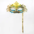 Maschera da ballo in maschera a mano mezza faccia oro blu corona festa accessorio - Maschera a mano coda di fenice dorata e blu