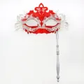 Maschera da ballo rosso argento maschera mezza faccia in metallo con manico festa costume - Coda di fenice portatile - Rosso e argento