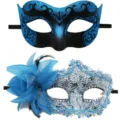 Maskenball Party Masken Set mit blauer Glitzermaske und Silber spitzen Maske mit blauer Blume. - Bemalte Feenmaske mit Seitenblume – Blau