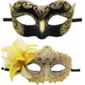 Maskenball Party Masken Set, goldene Spitze und schwarzes Glitzer Design mit Blüte. - Bemalte Feenmaske mit Seitenblume – Gold