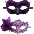 Masken Set für Party und Karneval mit Glitzer und schönen Blumen Design für Damen. - Bemalte Feenmaske mit Seitenblume – Lila
