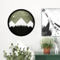 Scandinavian circular wooden framed wall art featuring geometric mountain and starry night pattern. - Style MZ457-A / Size S: 5mm Thick Basswood with Self-Adhesive Backing