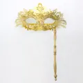 Maschera da carnevale dorata con manico, elegante mezza faccia strass per feste. - Coda di fenice portatile - Oro