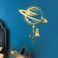 Gold acrylic mirror wall sticker 3D planet rocket design for modern home bedroom decor - 2mm Thick - S / Gold