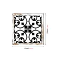 Square wood wall decor with vintage distressed frame and black white hollow scroll pattern. - Style MZ433-B