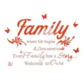Acrylic mirror wall sticker detail showing English family quote, red butterfly and floral motifs. - Red