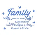 Blue acrylic mirror wall sticker set featuring inspirational family quotes and cute butterflies. - Blue