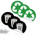 Vista dettagliata di set di adesivi rotondi verdi per riciclaggio e bidoni della spazzatura. - LF002 / Set da 6 pezzi laminato opaco