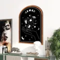 Nordic wooden framed wall art with mystic mushroom and moon phase design for modern living room decor. - MZ472