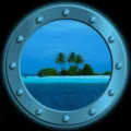 Detailed view of the luminous porthole fridge sticker featuring a tropical island scenery. - KYYG003 - Blue Glow