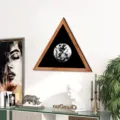 Nordic wooden framed triangular wall art with realistic moon design for modern living room decor - MZ459