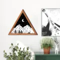 Nordic triangular wooden framed wall art with black and white mountain night view for room decor. - MZ464